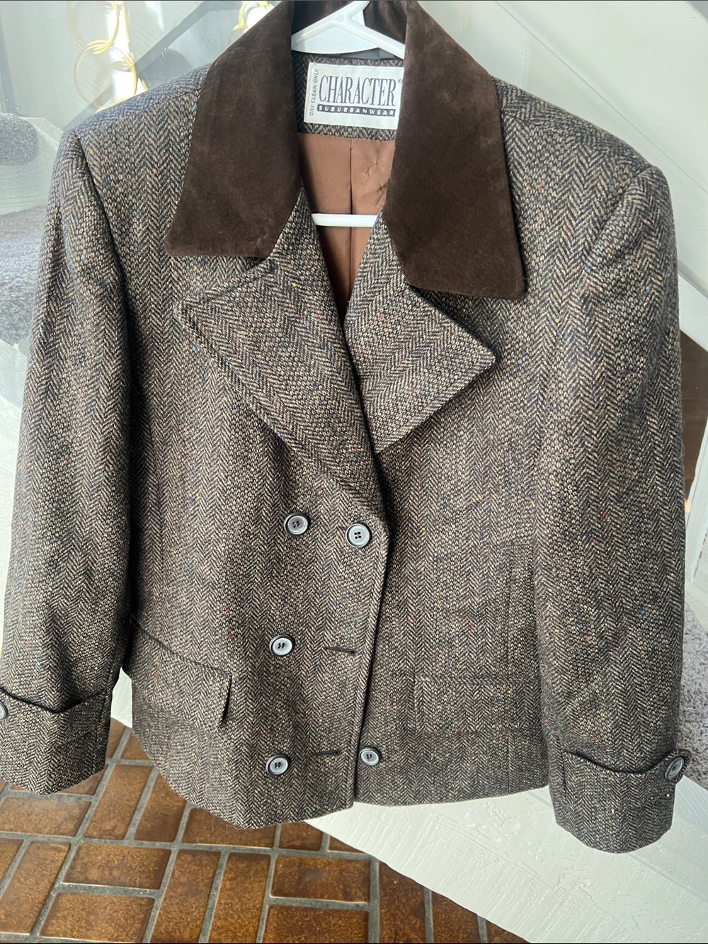 Vintage Equestrian Brown Herringbone Double-Breasted Wool-Blend Jacket 10